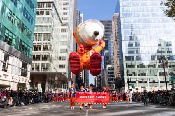 A Snoopy balloon is seen at the Macy's Thanksgiving Day Parade in Manhattan, New York on Thursday, Nov. 24, 2022.