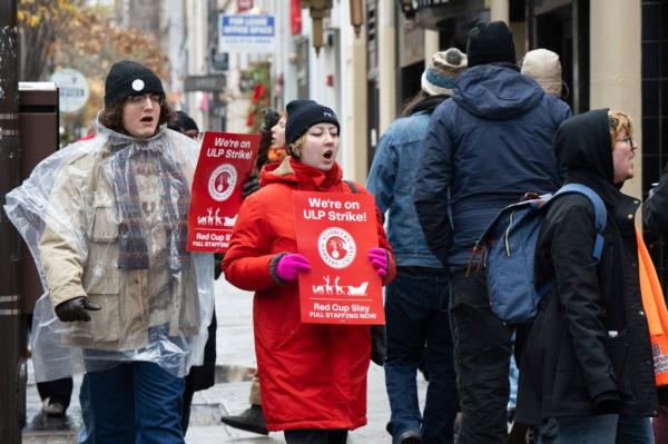 Starbucks workers on strike in Philadelphia on Tuesday.