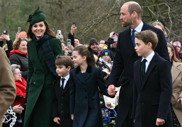 Kate Middleton, Prince Louis, Princess Charlotte, Prince William, and Prince George arriving to attend the Sandrignahm church service on Dec. 25, 2024. 