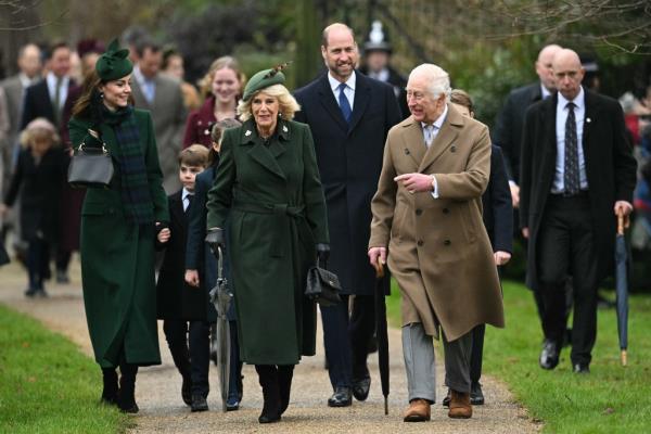 King Charles, Queen Camilla, Prince William, Kate Middleton, and Prince George on their Christmas Day 2024 walk. 