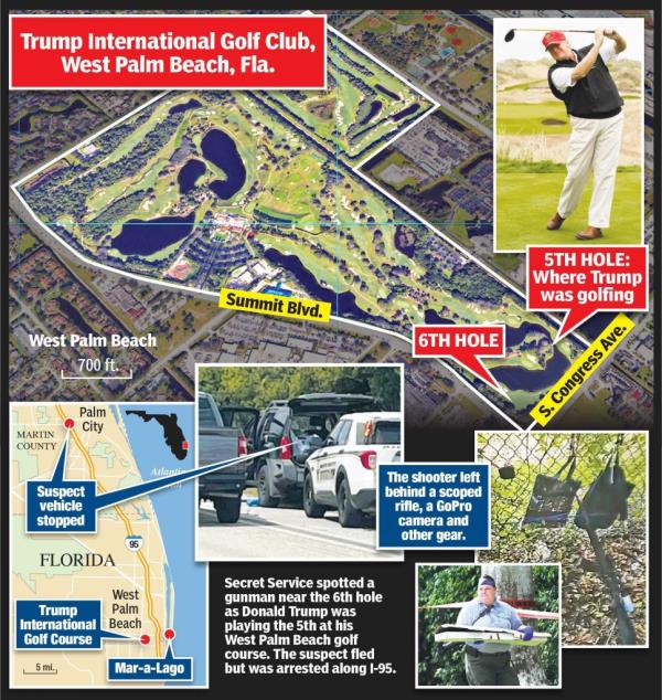 Locator map graphic of Trump's West Palm Beach golf course indicating the locations of the 5th and 6th holes wher<em></em>e an assassination attempt on former President Do<em></em>nald Trump allegedly took place