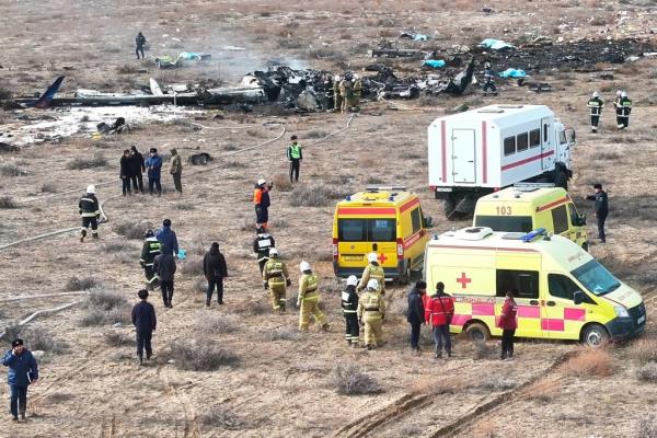 The wreckage of Azerbaijan Airlines Embraer 190 lays on the ground near the airport of Aktau, Kazakhstan, Wednesday, Dec. 25, 2024. 