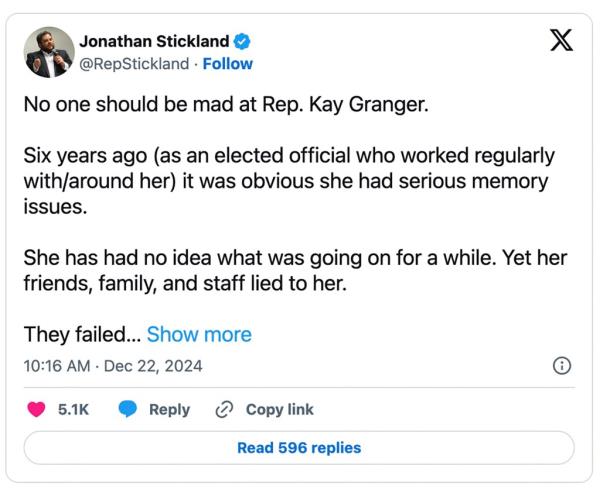 Screenshot of a social media post discussing GOP co<em></em>ngresswoman living in a retirement facility, with text highlighting the absence of her voting on a bill in six months