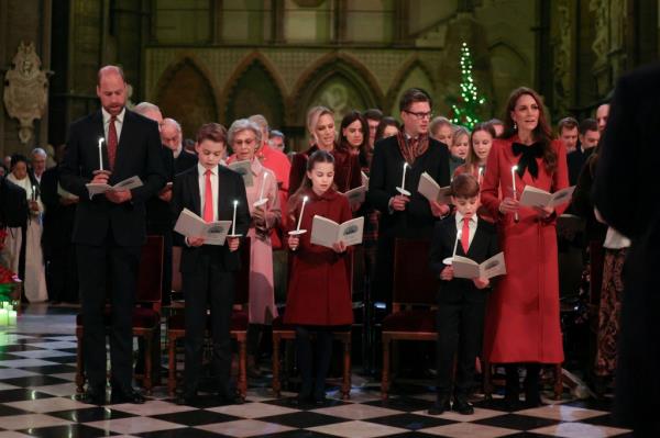 William, Prince of Wales, Prince George, Princess Charlotte, Prince Louis, and Catherine, Princess of Wales, attend the Together At Christmas carol service at Westminster Abbey in London, Britain, December 6, 2024. 