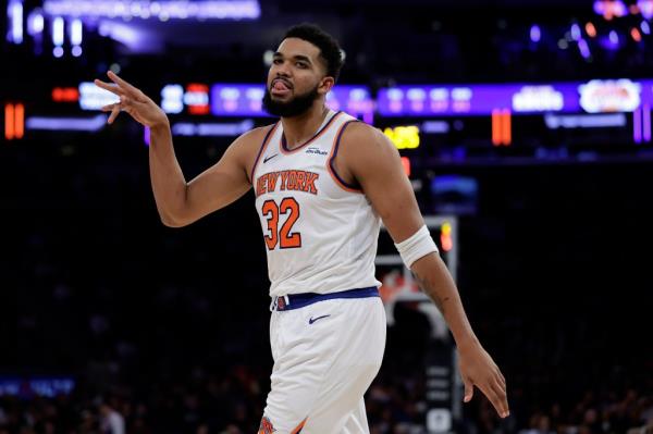 Karl-Anthony Towns reacts during the Knicks-Raptors game on Dec. 23, 2024. 