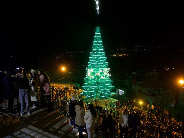 People stand around a giant outdoor Christmas tree.