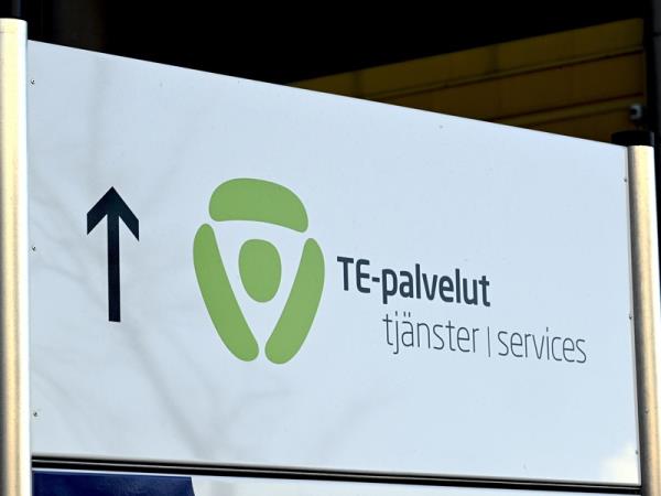 A sign outside a TE Office in Pasila, Helsinki, in March 2023.