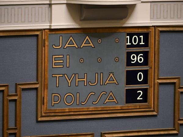 A display showing the results of a vote in the session hall of the Parliament House in Helsinki on Tuesday, 17 December 2024.