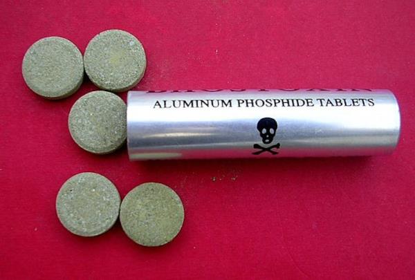 A text<em></em>areal cylinder labeled 'aluminum phosphide tablets' with a skull and crossbones, with five gray tablets next to it.