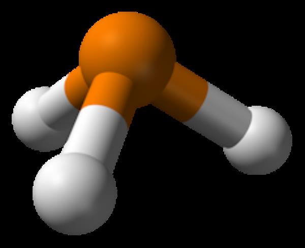 A ball and stick structure of a phosphine molecule, showing an orange circule co<em></em>nnected to three white circles.