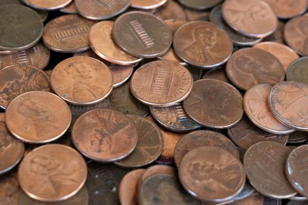 A close-up of a pile of pennies.