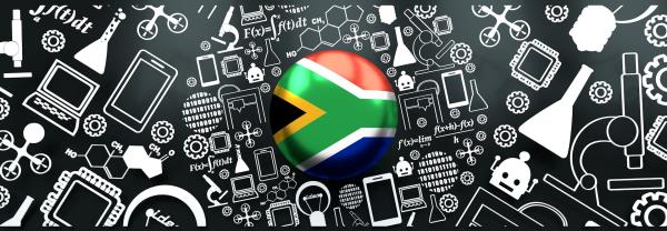 An illustration that shows South Africa's flag in a circle button against a black and white backdrop that shows various kinds of technology including robots and phones